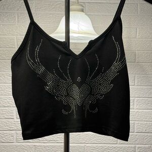 ROMWE Black Camisole Crop Top with Silver Graphic